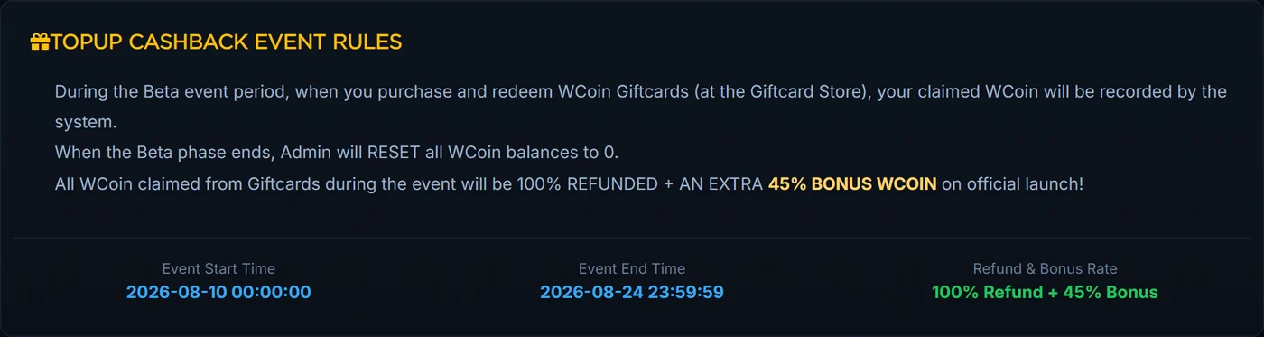 The event rules block, with the exact start and end timestamps and the refund rate.