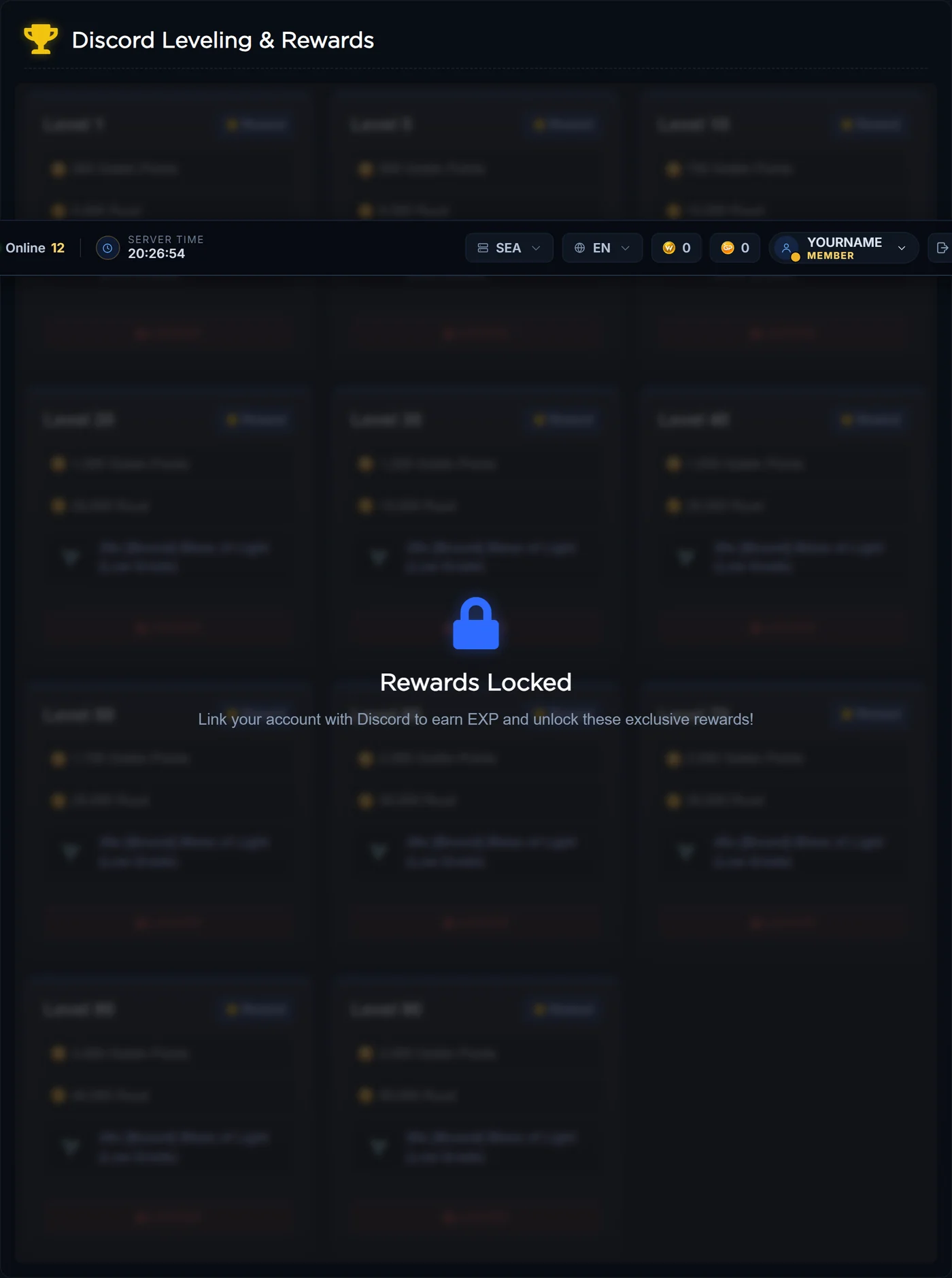 The reward list on the Discord Sync page. Each level shows its package and a claim button; everything stays locked until the account is linked.